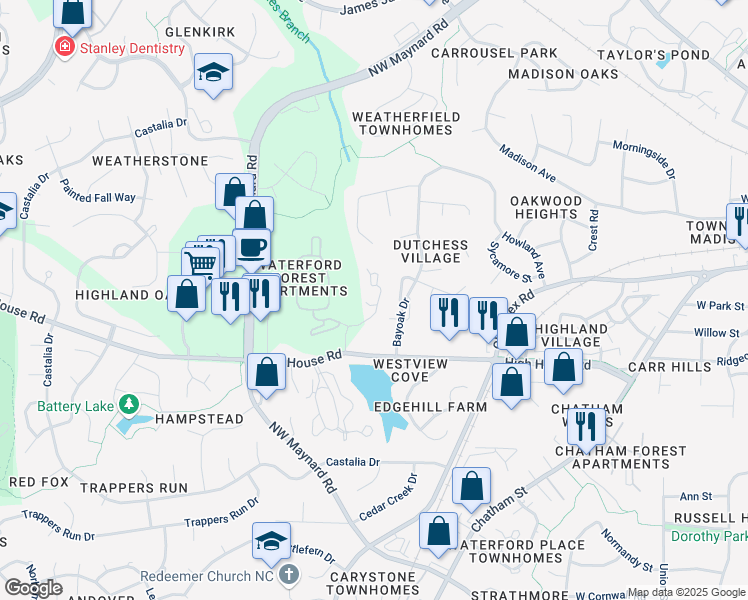 map of restaurants, bars, coffee shops, grocery stores, and more near 223 Orchard Park Drive in Cary