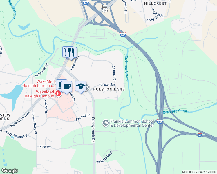 map of restaurants, bars, coffee shops, grocery stores, and more near 3024 Holston Lane in Raleigh