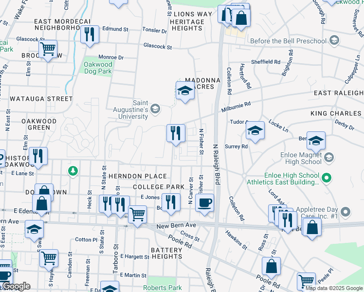 map of restaurants, bars, coffee shops, grocery stores, and more near 1830 Bakers Grove Way in Raleigh
