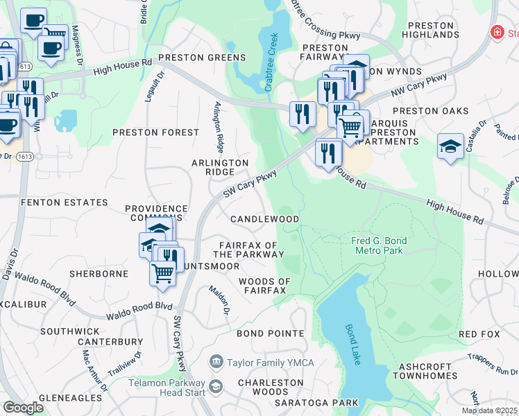 map of restaurants, bars, coffee shops, grocery stores, and more near 100 Chatfield Ct in Cary