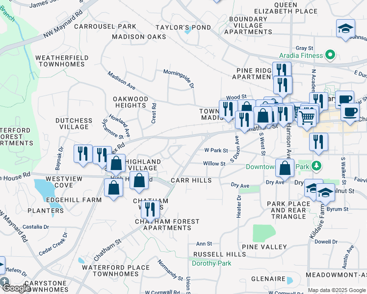 map of restaurants, bars, coffee shops, grocery stores, and more near 3038 Winfred Dell Lane in Cary