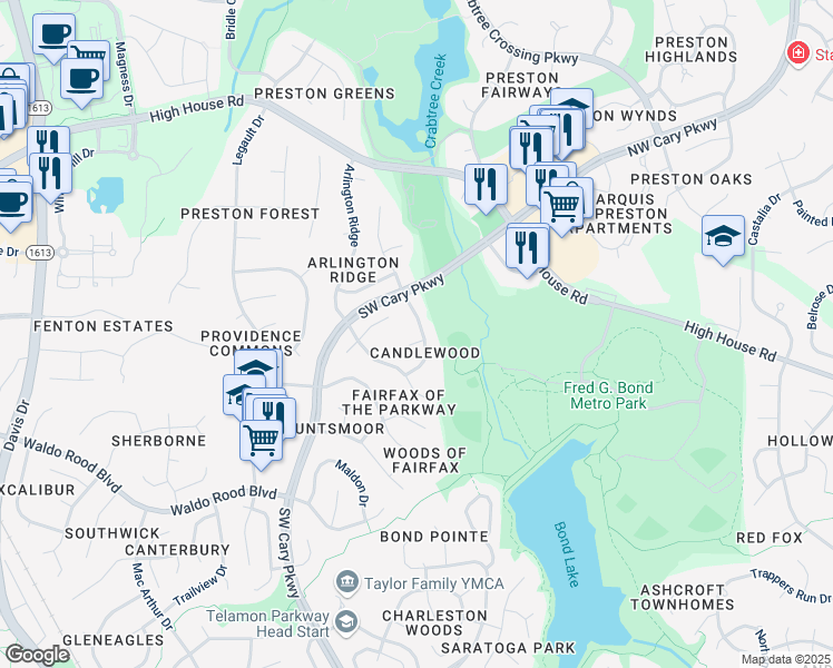 map of restaurants, bars, coffee shops, grocery stores, and more near 100 Chatfield Ct in Cary