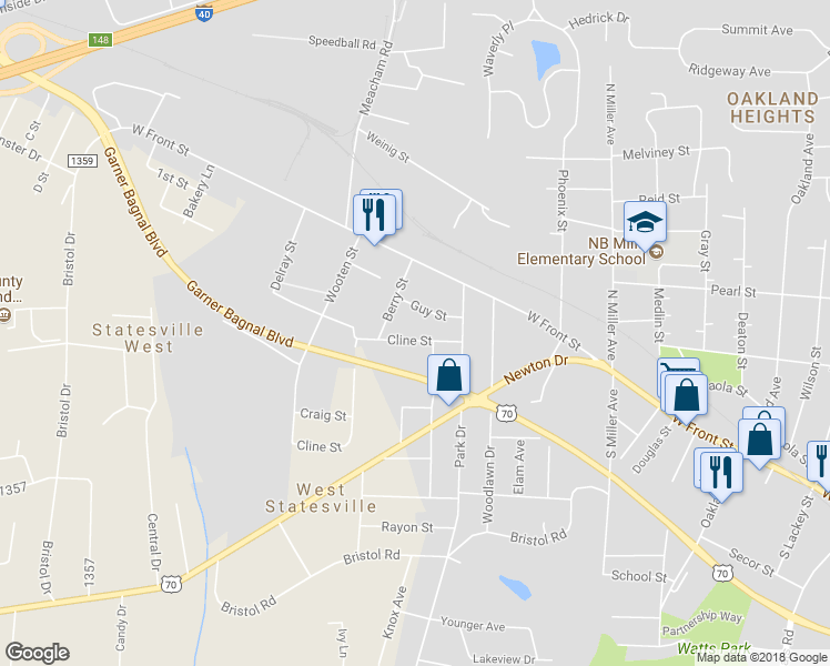map of restaurants, bars, coffee shops, grocery stores, and more near 2016 Cline Street in Statesville