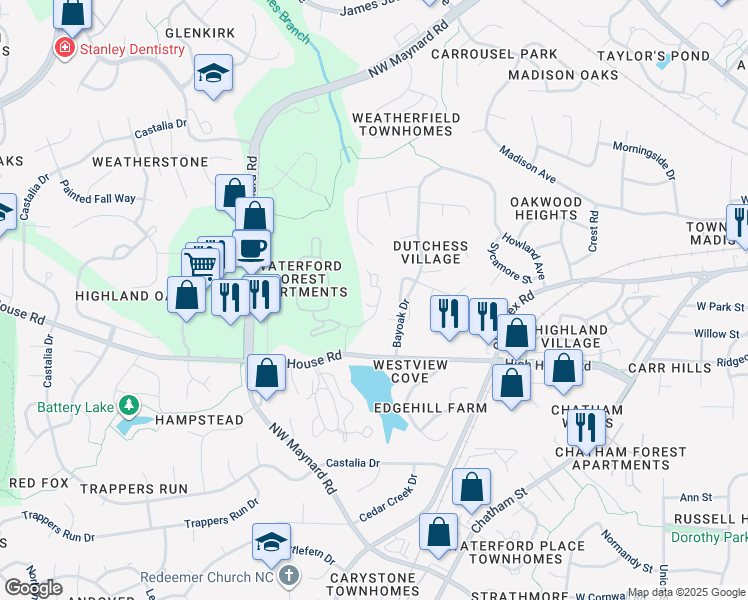 map of restaurants, bars, coffee shops, grocery stores, and more near 223 Orchard Park Drive in Cary