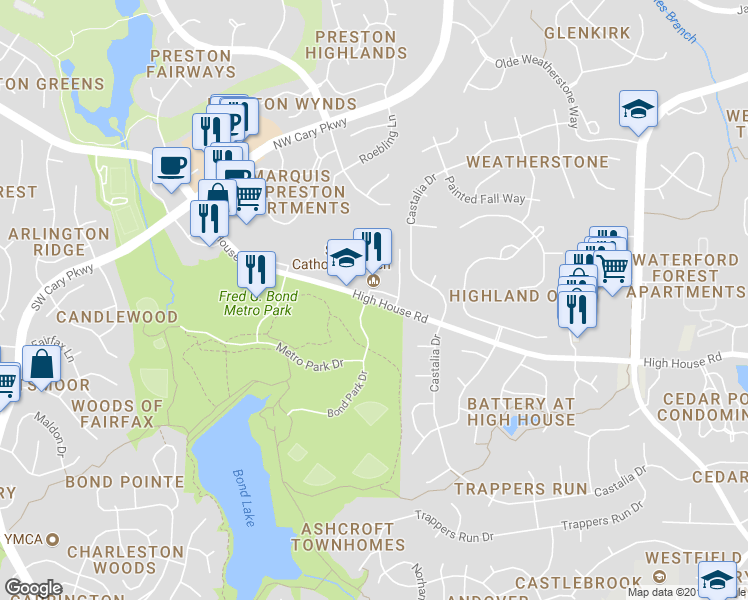 map of restaurants, bars, coffee shops, grocery stores, and more near 799 High House Road in Cary