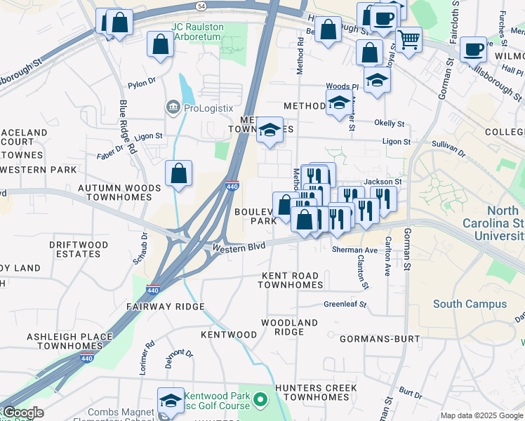 map of restaurants, bars, coffee shops, grocery stores, and more near 4202 Reavis Road in Raleigh