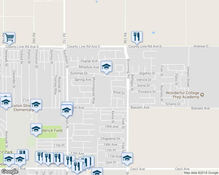 map of restaurants, bars, coffee shops, grocery stores, and more near 2131 Maganda Avenue in Delano