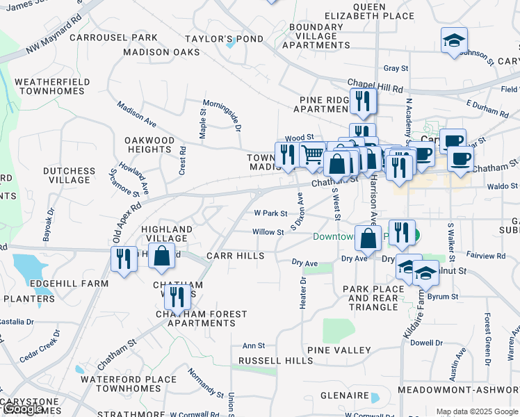 map of restaurants, bars, coffee shops, grocery stores, and more near 428 West Park Street in Cary