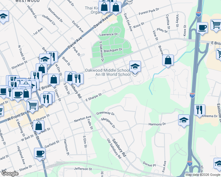 map of restaurants, bars, coffee shops, grocery stores, and more near 320 South Oakwood Drive in Statesville