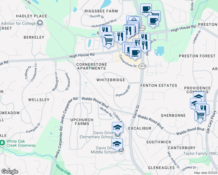 map of restaurants, bars, coffee shops, grocery stores, and more near 112 Littleford Ln in Cary