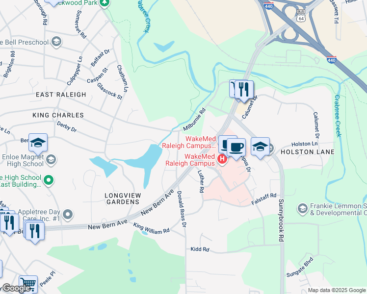 map of restaurants, bars, coffee shops, grocery stores, and more near 208 North Peartree Lane in Raleigh