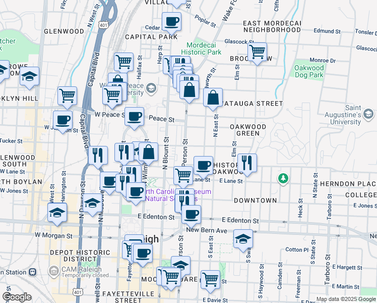 map of restaurants, bars, coffee shops, grocery stores, and more near 422 North Person Street in Raleigh