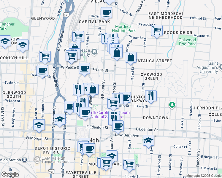 map of restaurants, bars, coffee shops, grocery stores, and more near 422 North Person Street in Raleigh