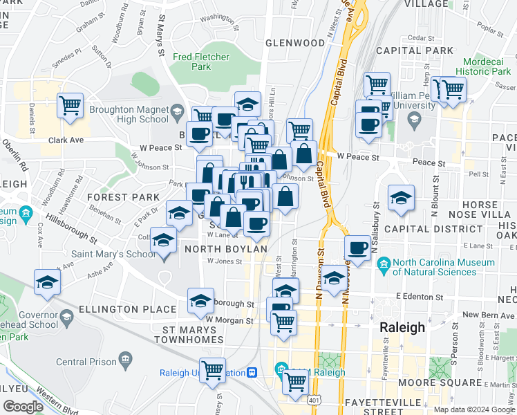 map of restaurants, bars, coffee shops, grocery stores, and more near 414 Glenwood Avenue in Raleigh