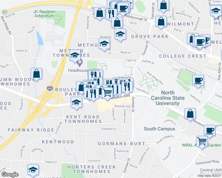 map of restaurants, bars, coffee shops, grocery stores, and more near 3901 Lexington Drive in Raleigh
