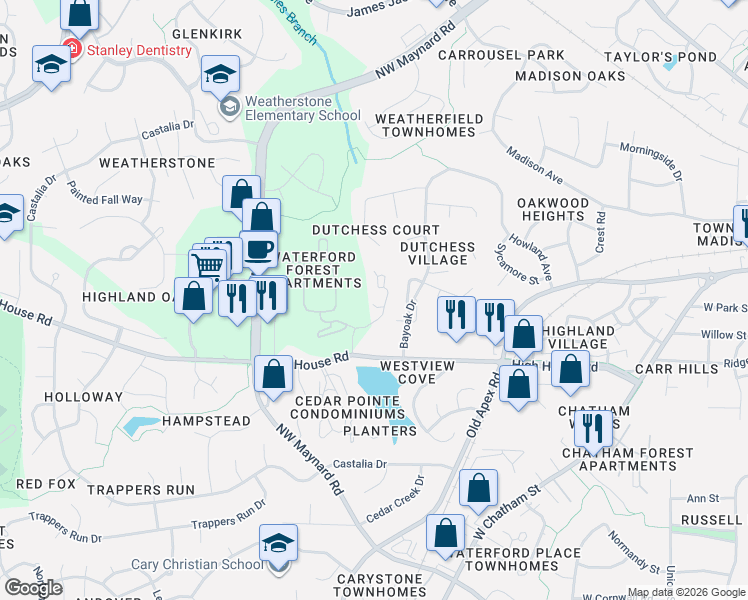 map of restaurants, bars, coffee shops, grocery stores, and more near 105 Orchard Park Drive in Cary