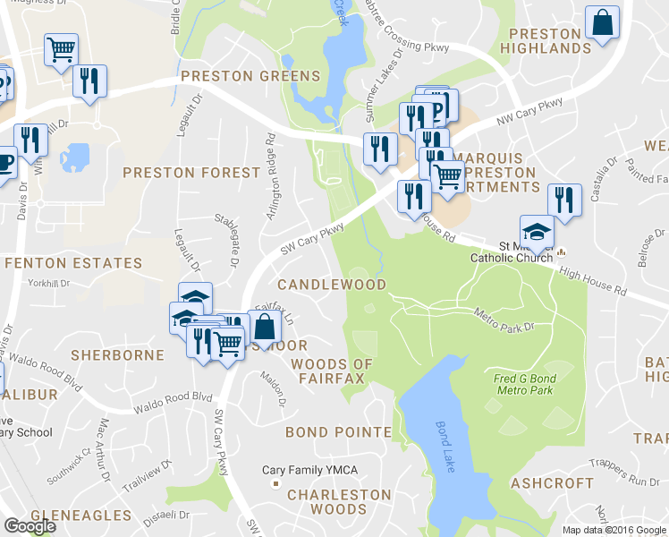 map of restaurants, bars, coffee shops, grocery stores, and more near 100 Chatfield Court in Cary