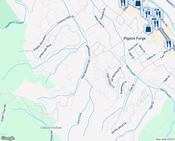 map of restaurants, bars, coffee shops, grocery stores, and more near 3202 Pine Way in Pigeon Forge