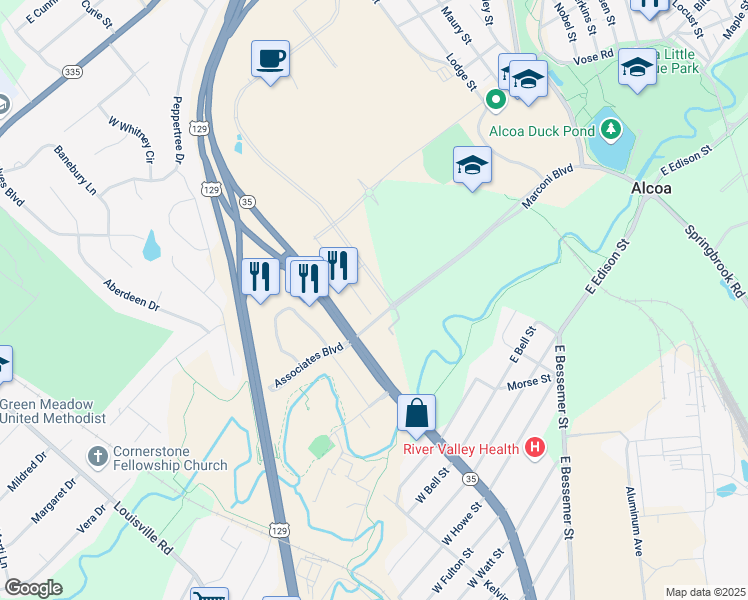 map of restaurants, bars, coffee shops, grocery stores, and more near 1108-1118 N Hall Rd in Alcoa