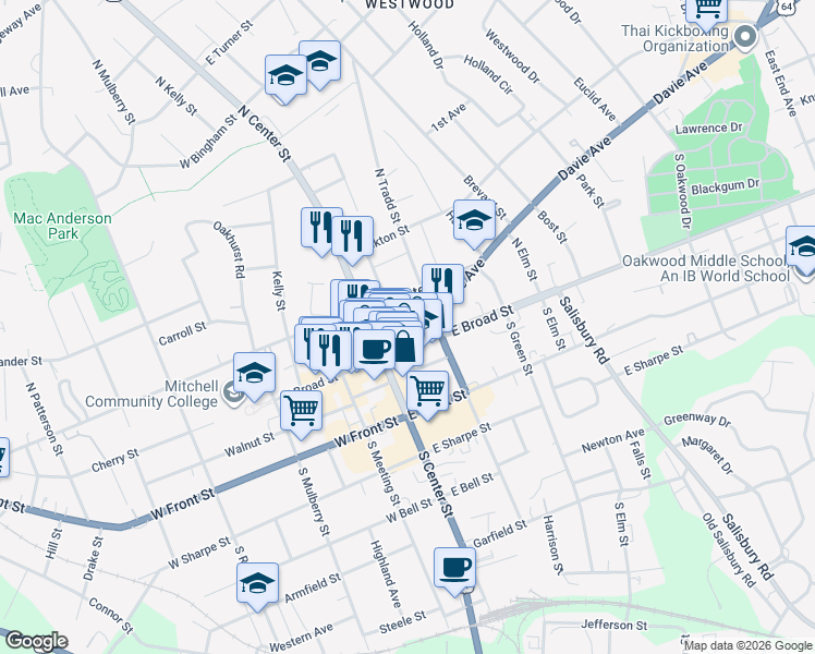 map of restaurants, bars, coffee shops, grocery stores, and more near 123 East Broad Street in Statesville