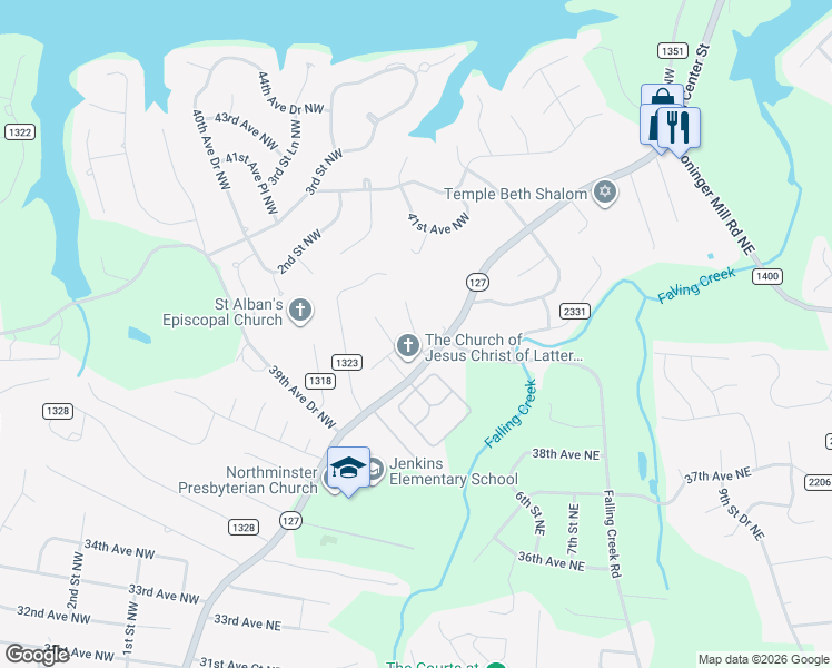 map of restaurants, bars, coffee shops, grocery stores, and more near 82 40th Avenue Court Northwest in Hickory