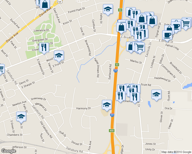 map of restaurants, bars, coffee shops, grocery stores, and more near 322 Valley Stream Road in Statesville