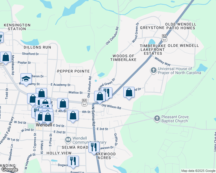 map of restaurants, bars, coffee shops, grocery stores, and more near 36 Wood Green Drive in Wendell