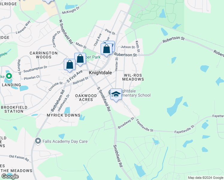 map of restaurants, bars, coffee shops, grocery stores, and more near 100 Ridge Street in Knightdale