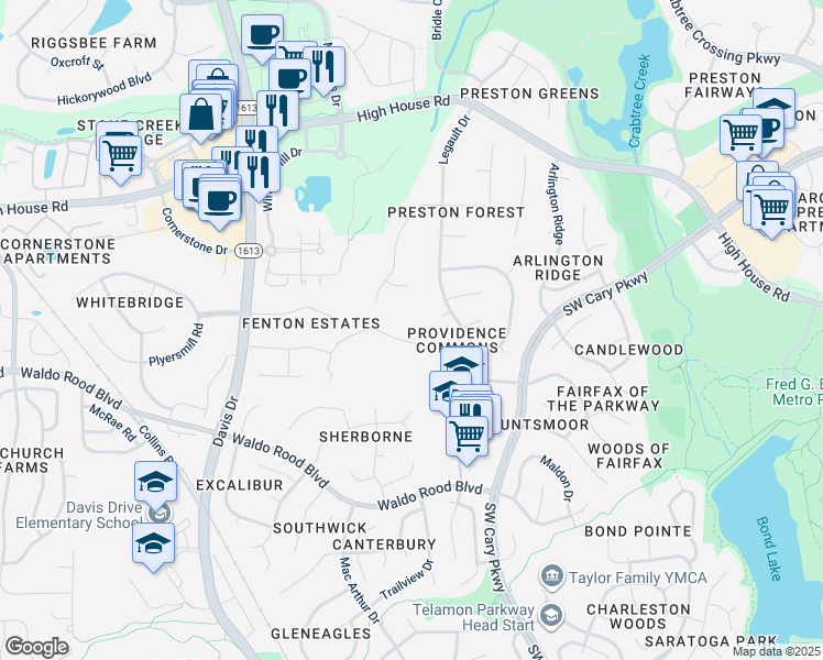 map of restaurants, bars, coffee shops, grocery stores, and more near 123 Harmony Hill Lane in Cary