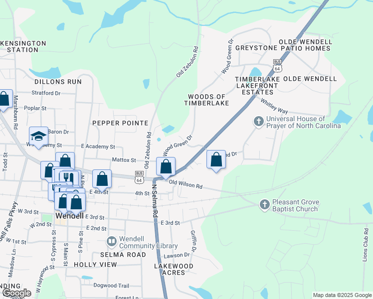 map of restaurants, bars, coffee shops, grocery stores, and more near 504 Raymond Drive in Wendell