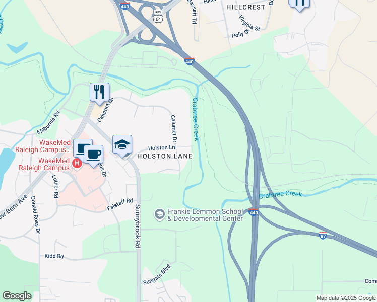 map of restaurants, bars, coffee shops, grocery stores, and more near 3112 Holston Lane in Raleigh