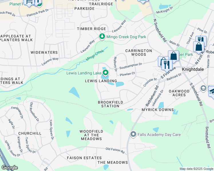 map of restaurants, bars, coffee shops, grocery stores, and more near 108 Tortola Place in Knightdale