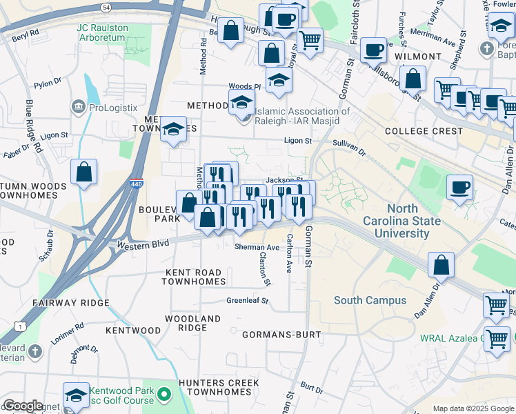 map of restaurants, bars, coffee shops, grocery stores, and more near 3901 Lexington Drive in Raleigh