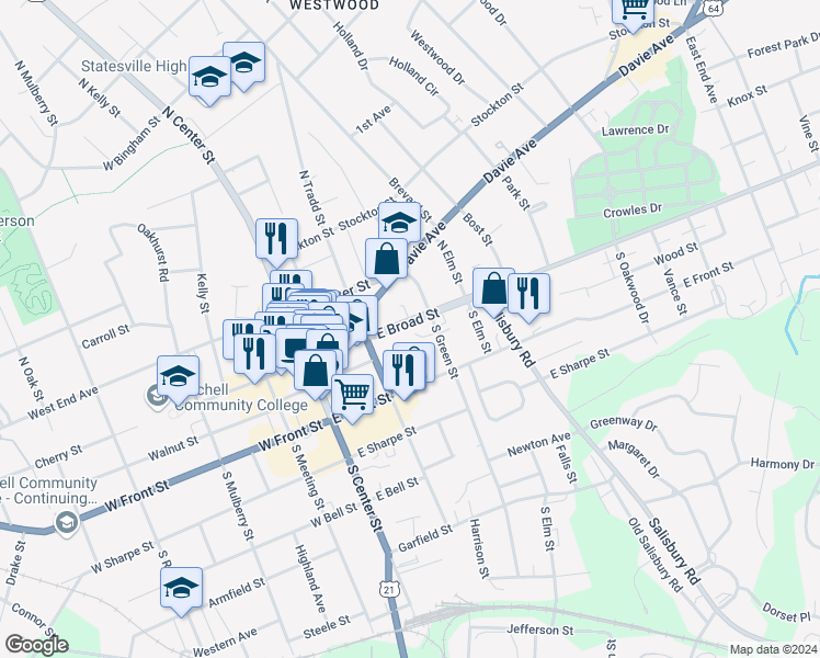 map of restaurants, bars, coffee shops, grocery stores, and more near 232 East Broad Street in Statesville