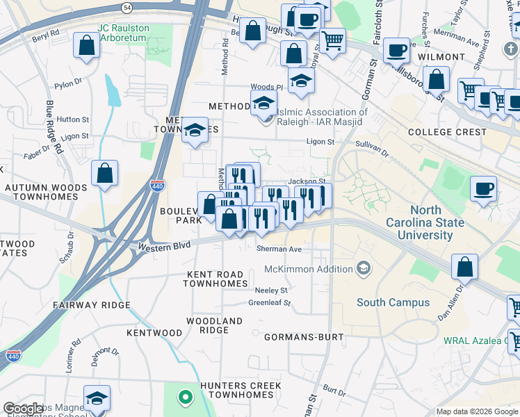 map of restaurants, bars, coffee shops, grocery stores, and more near 3921 Lexington Drive in Raleigh