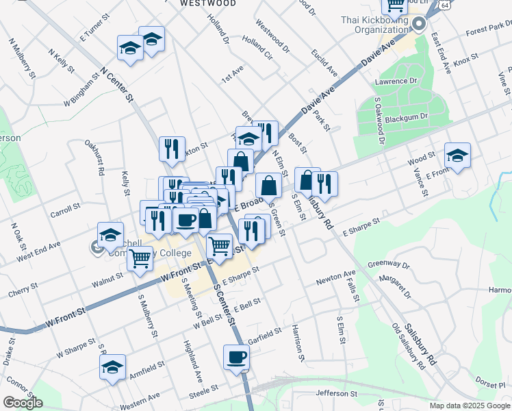 map of restaurants, bars, coffee shops, grocery stores, and more near 234 East Broad Street in Statesville