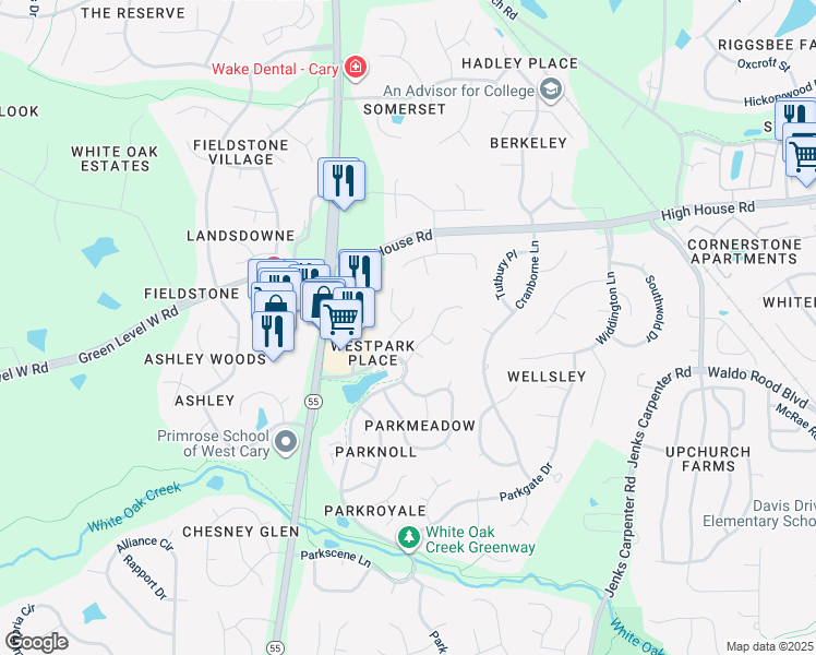map of restaurants, bars, coffee shops, grocery stores, and more near 108 Parkcanyon Lane in Cary