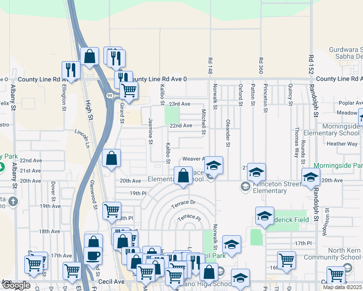 map of restaurants, bars, coffee shops, grocery stores, and more near 1023 Alila Avenue in Delano