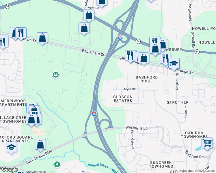 map of restaurants, bars, coffee shops, grocery stores, and more near 6400 Canary Falls Lane in Raleigh