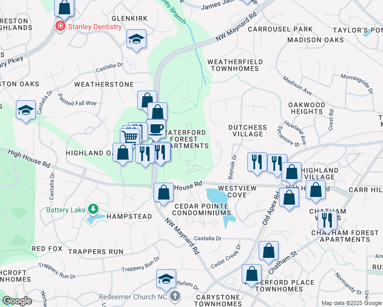 map of restaurants, bars, coffee shops, grocery stores, and more near 1134 Waterford Forest Circle in Cary