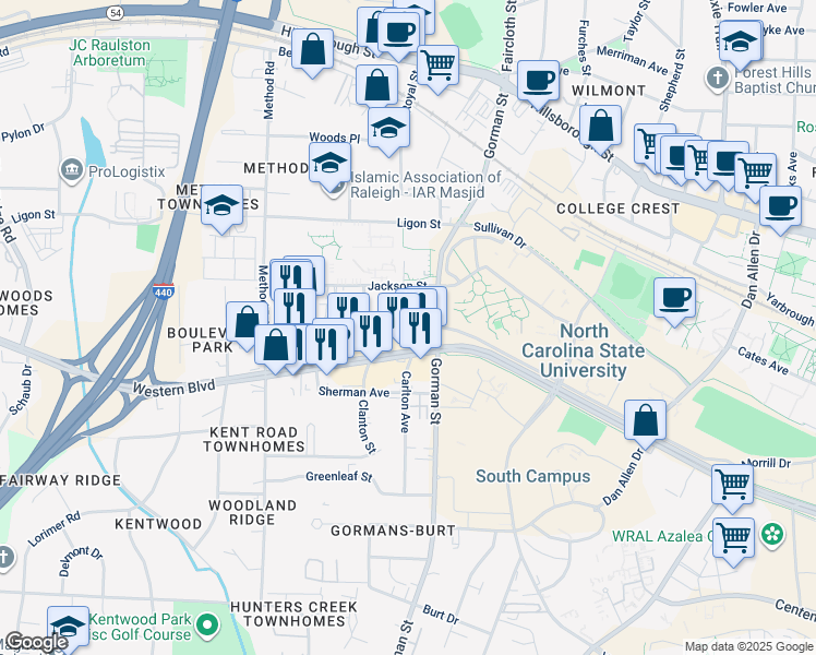 map of restaurants, bars, coffee shops, grocery stores, and more near 3809 Lexington Drive in Raleigh