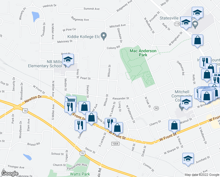 map of restaurants, bars, coffee shops, grocery stores, and more near 320 Wilson Street in Statesville