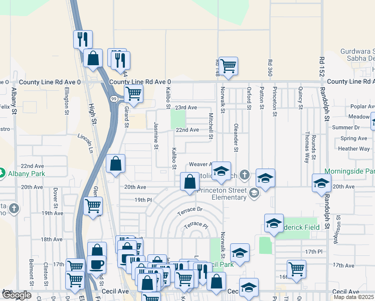 map of restaurants, bars, coffee shops, grocery stores, and more near 1023 Alila Avenue in Delano