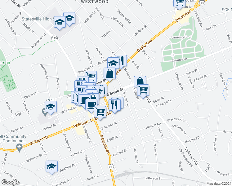map of restaurants, bars, coffee shops, grocery stores, and more near 228 East Broad Street in Statesville