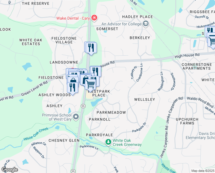 map of restaurants, bars, coffee shops, grocery stores, and more near 108 Parkcanyon Lane in Cary