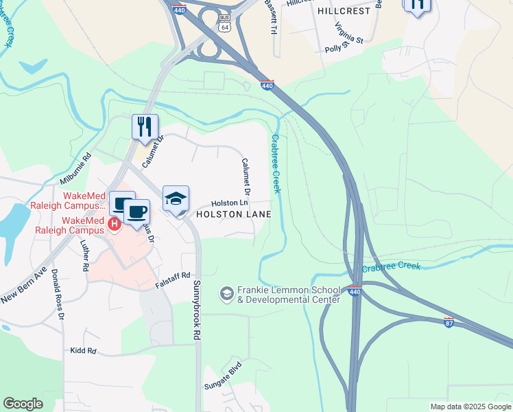 map of restaurants, bars, coffee shops, grocery stores, and more near 3112 Holston Lane in Raleigh