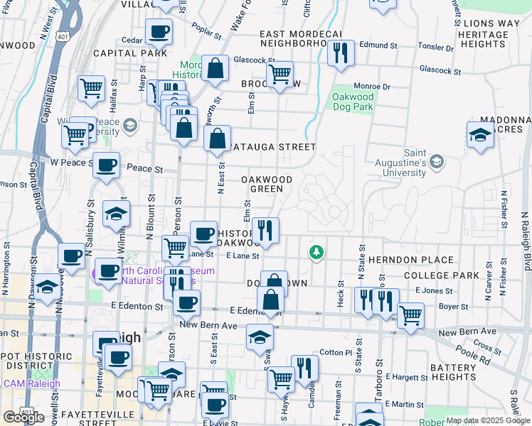 map of restaurants, bars, coffee shops, grocery stores, and more near 419 Watauga Street in Raleigh