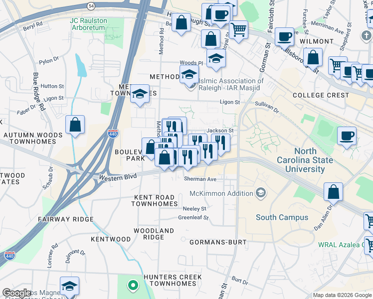 map of restaurants, bars, coffee shops, grocery stores, and more near 3921 Lexington Drive in Raleigh