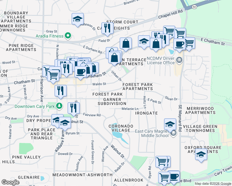 map of restaurants, bars, coffee shops, grocery stores, and more near 335 East Park Street in Cary