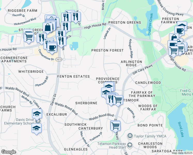 map of restaurants, bars, coffee shops, grocery stores, and more near 123 Harmony Hill Lane in Cary